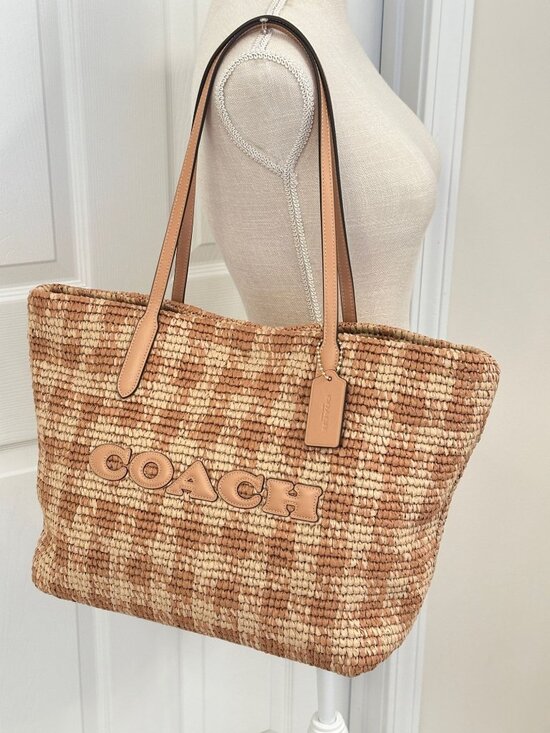 Coach Handbags - Coach City Tote Gingham Print Woven Straw and Smooth Tan Leather Trim CES22 NWT